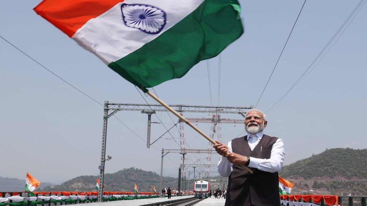 Stunning Visuals: PM Modi Proudly Waves Tricolour At World’s Highest Chenab Rail Bridge In Jammu and Kashmir