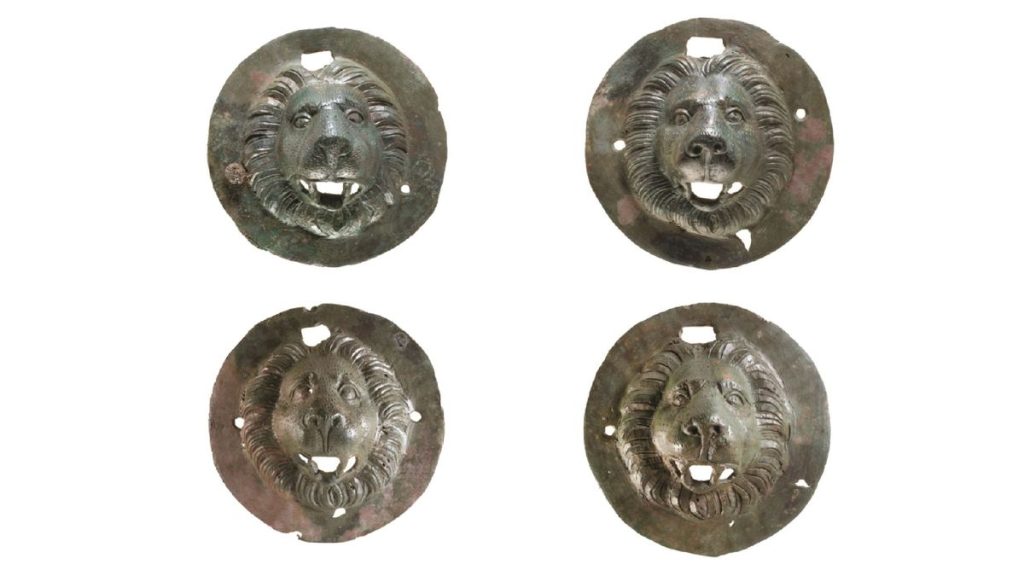 ‘Puzzling’ bronze discs adorned with lion heads discovered in Roman-era grave