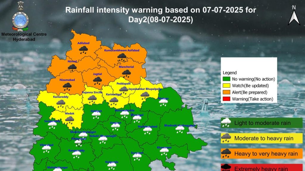 Telangana braces for heavy rainfall: Orange alert in 5 districts, yellow in 7