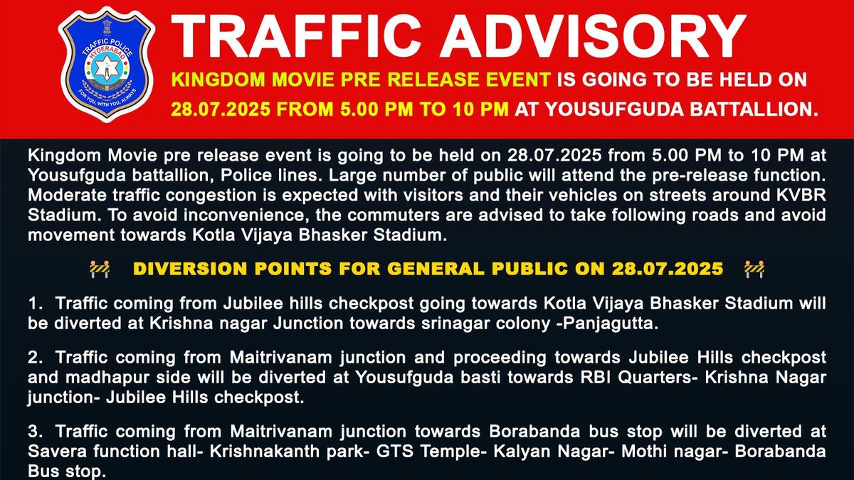 kingdom-film-pre-release-event-in-hyderabad’s-yousufguda-from-5-pm-to-10-pm.-on-monday;-traffic-advisory-issued