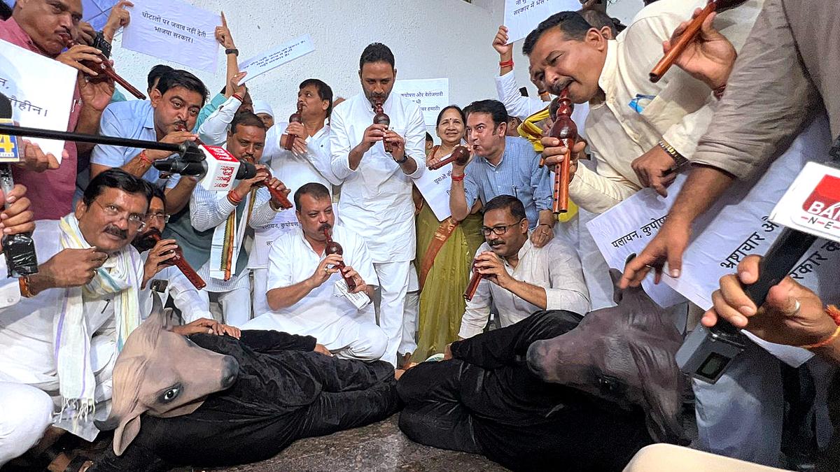 congress-mlas-play-flute-before-‘buffalo’-in-unique-protest-at-mp.-assembly;-speaker-asks-ministers-to-give-direct-answers