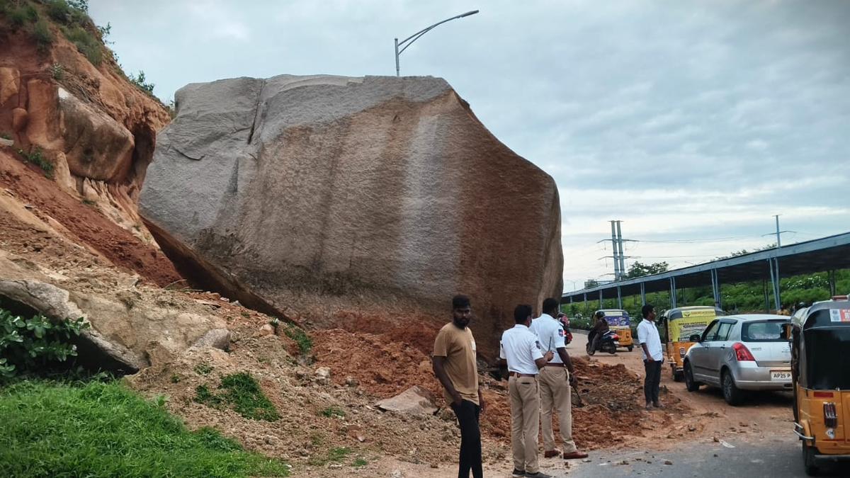 traffic-diversions-in-place-after-boulder-slides-on-to-road-near-narsingi