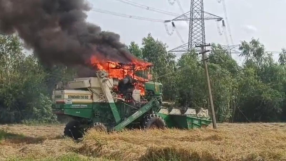 paddy-harvesting-vehicle-catches-fire-near-arani